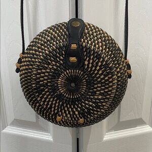 Round Black and Tan Woven Purse